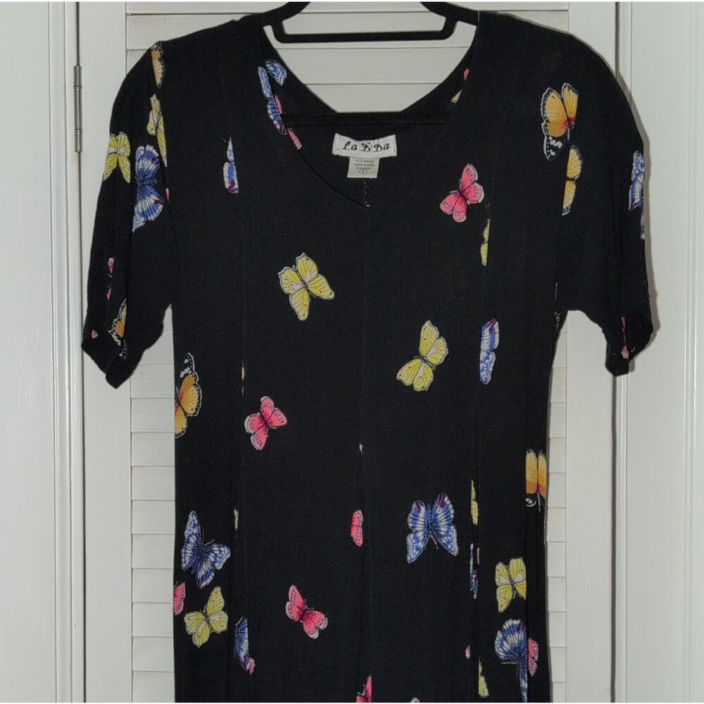 La D Da Black Butterfly Print Maxi Dress Tie Waist Rayon Short Sleeve Size S